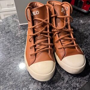 Polo Ralph Lauren Kids Brown Leather High Top Sneakers Shoes Size 6 Youth